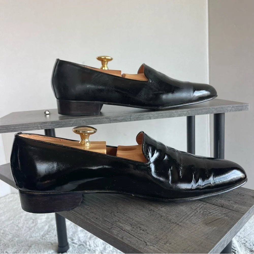 Federico Leone Black Leather Men’s Slip-On Tuxedo Loafers Elegant Shoes Size 9.5